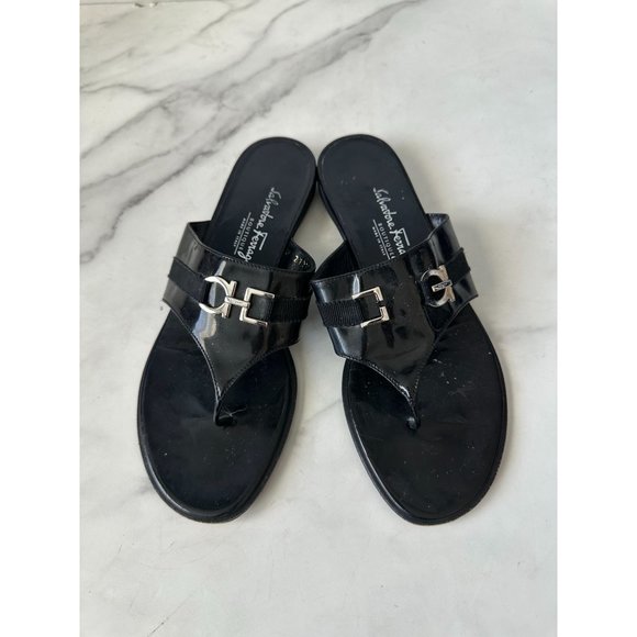SALVATORE FERRAGAMO Black Silver Logo Buckle Sandals Size 38 - Picture 2 of 11